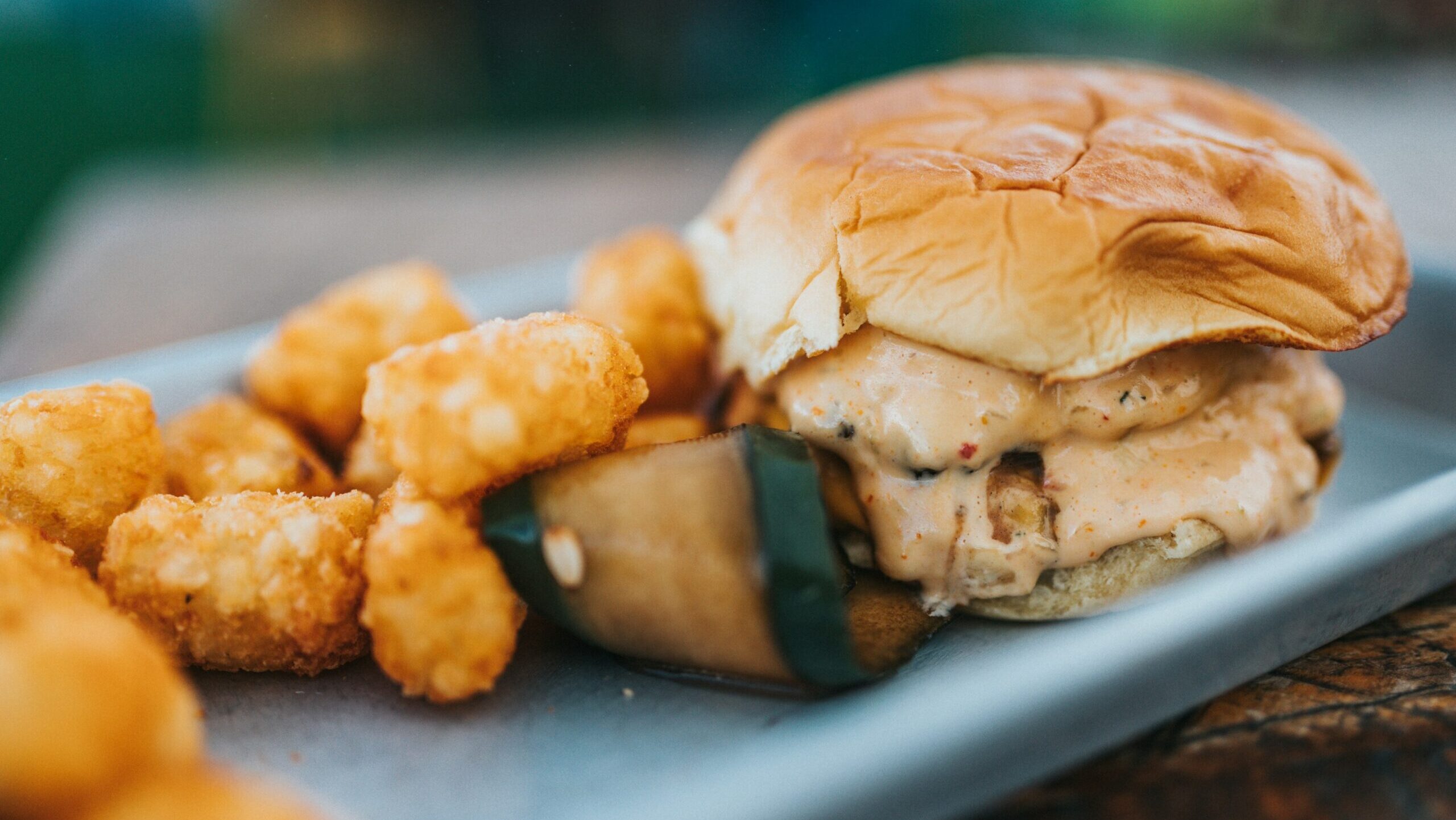 burger on blue table top