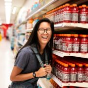 woman laughing while standing beside Gatorade bottlles