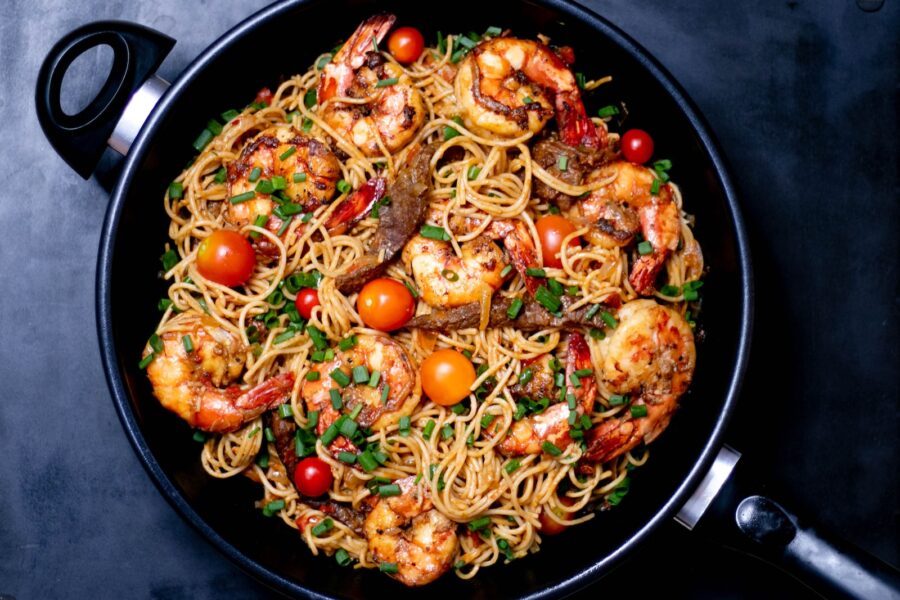 affordable indulgences, cooked noodles with shrimps