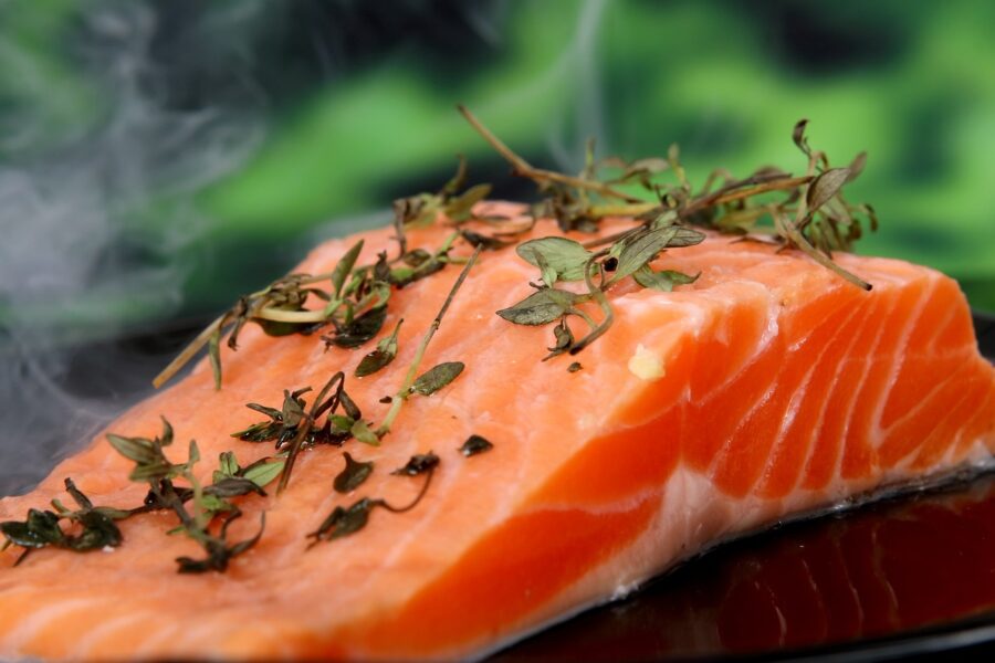 salmon, herbs, food