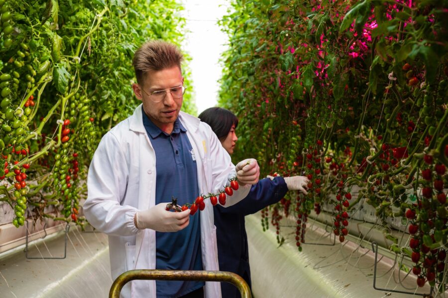 a man standing in a greenhouse holding a piece of fruit