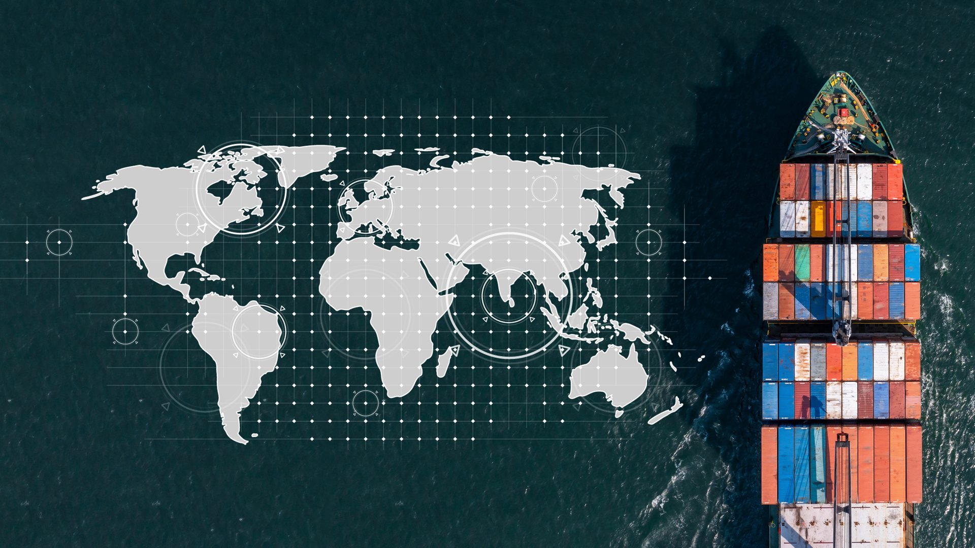 Tariff impact. Cargo ship on map of the world