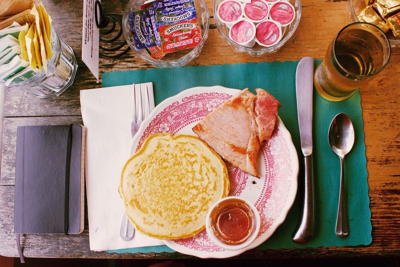 breakfast, pancakes, ham, food, morning, plate, spoon, knife, fork, glass, jam, breakfast, breakfast, pancakes, pancakes, ham, ham, ham, ham, ham